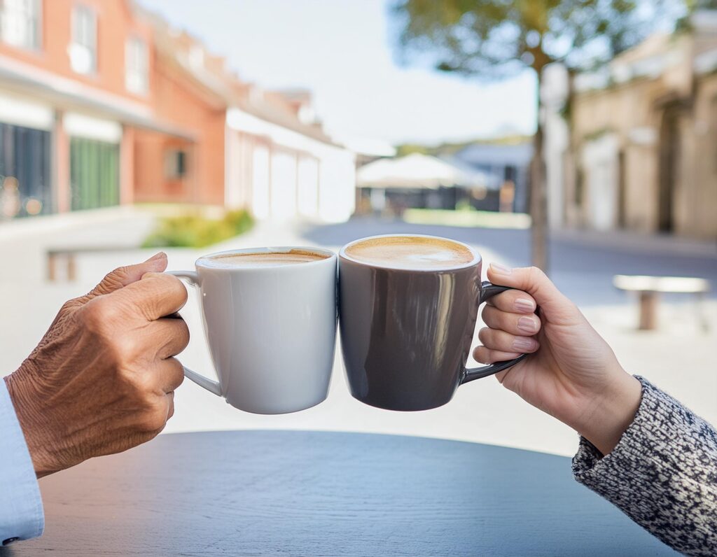 Firefly Two coffee mugs held by the hand of a white male old professor and the hand of a brown girl